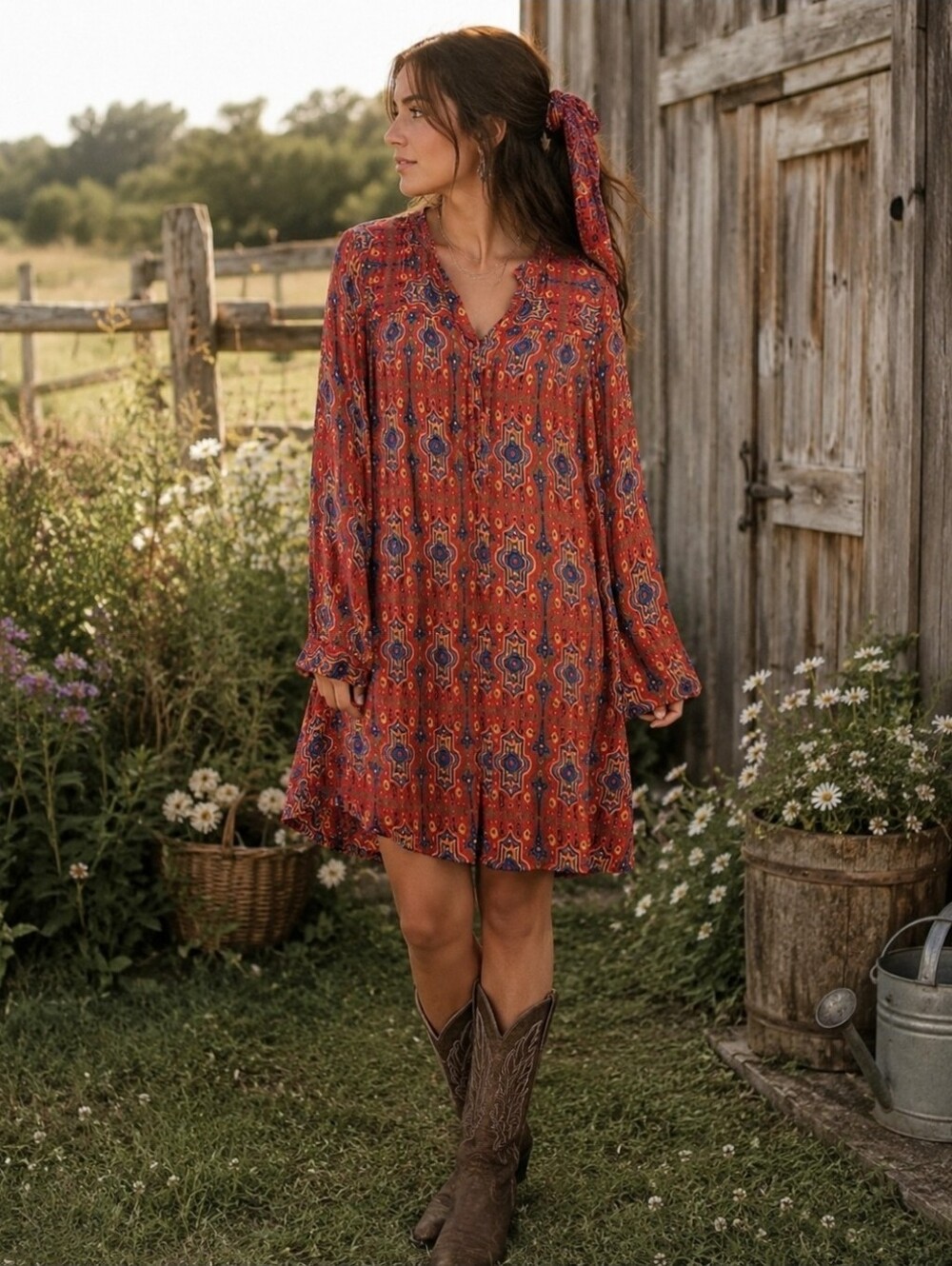 TINY Red and Blue Patterned Long Sleeve Lightweight Tunic Dress Size XL
